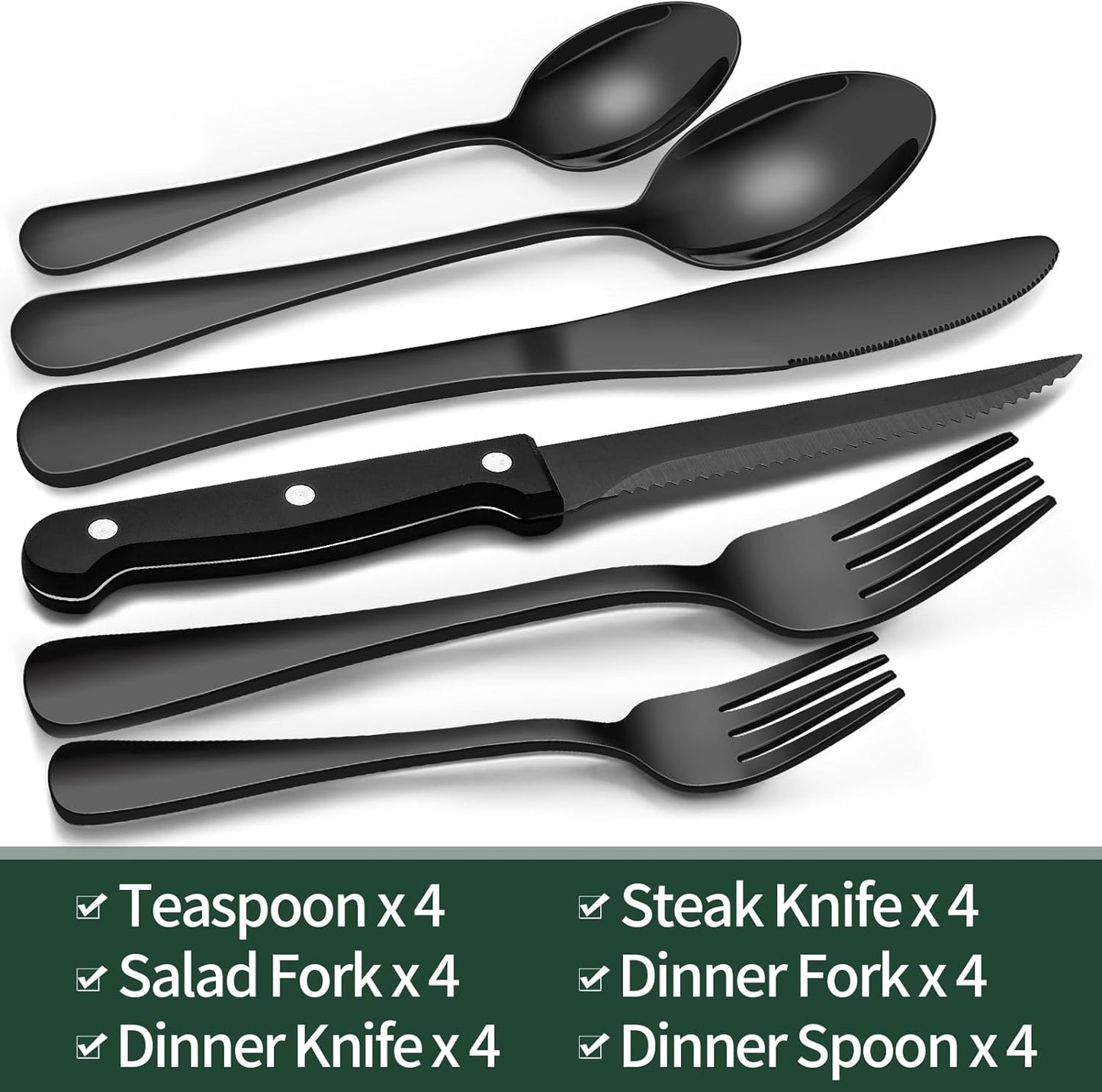 Black flatware set laid out as four complete place settings on a dining table.