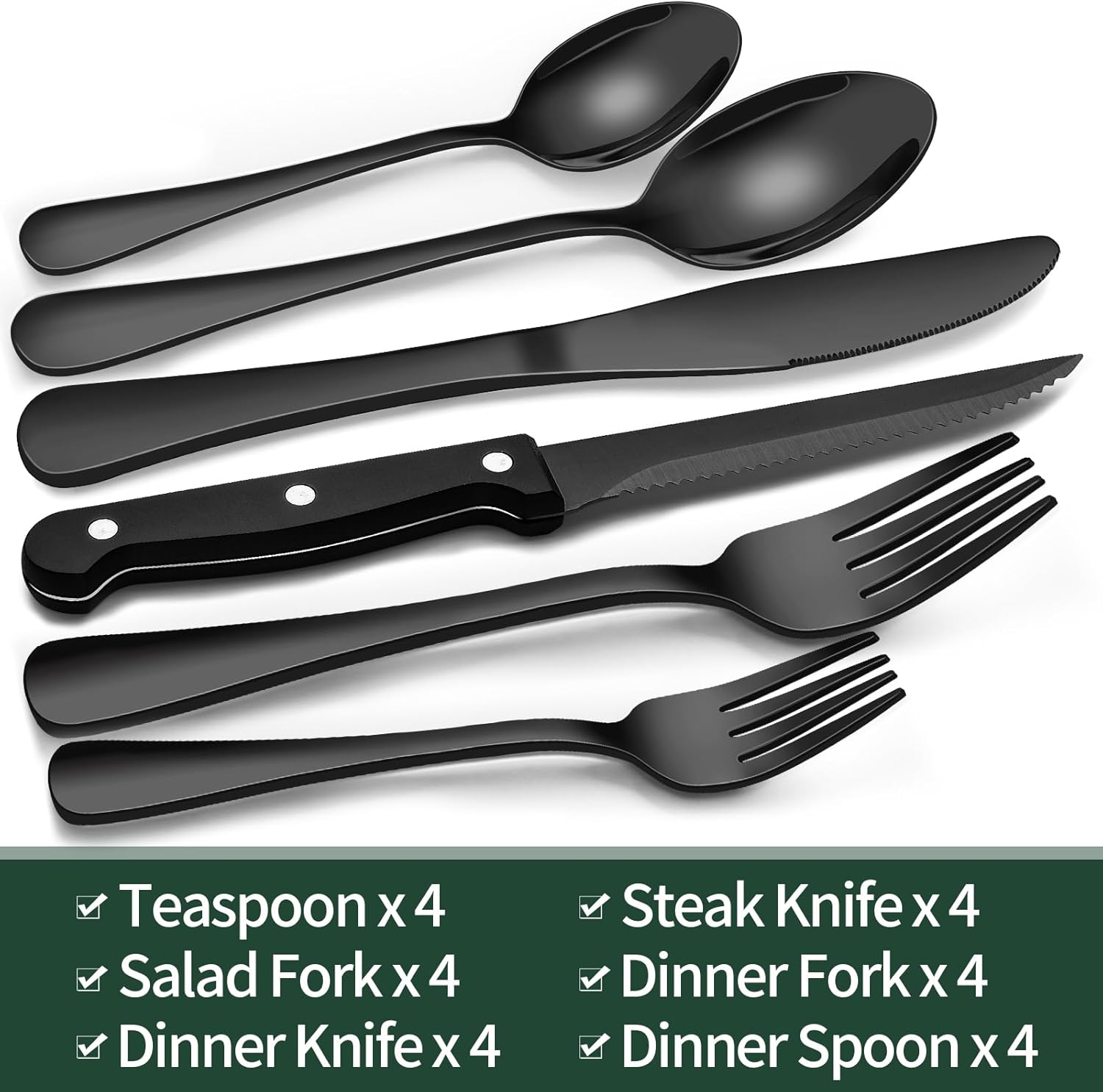 Black flatware set laid out as four complete place settings on a dining table.