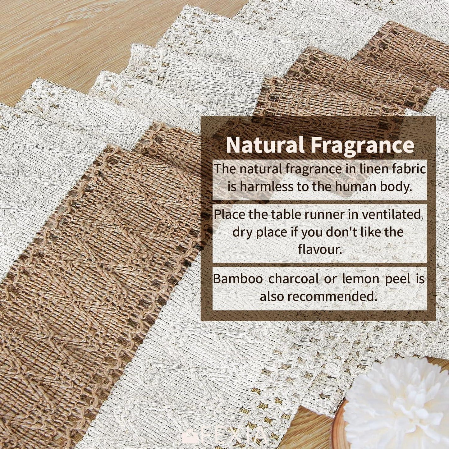Boho macrame table runner with tassels in natural linen and brown tones on wood surface