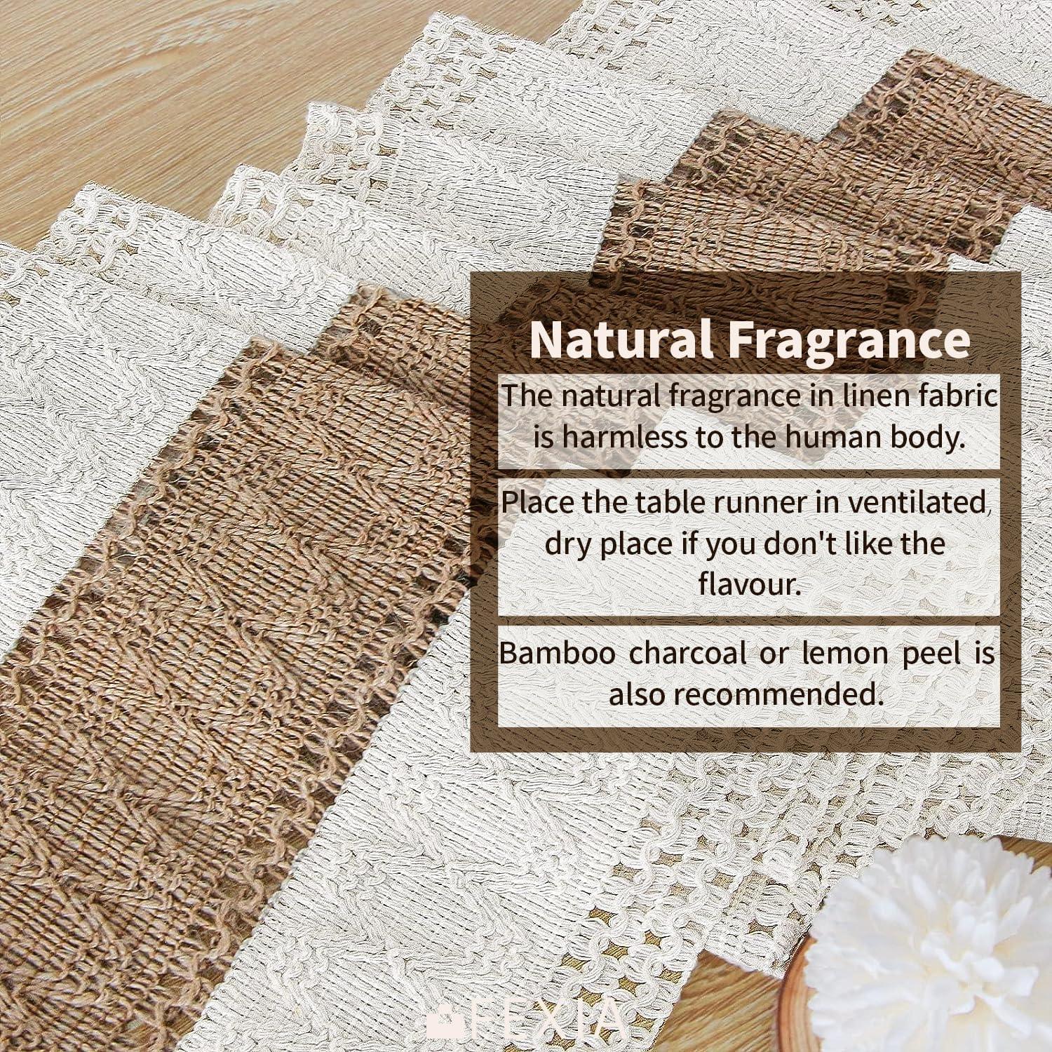 Boho macrame table runner with tassels in natural linen and brown tones on wood surface