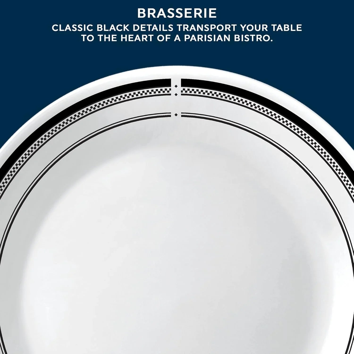 Close-up of white Vitrelle dinner plate with classic black checkered and lined border, Brasserie design