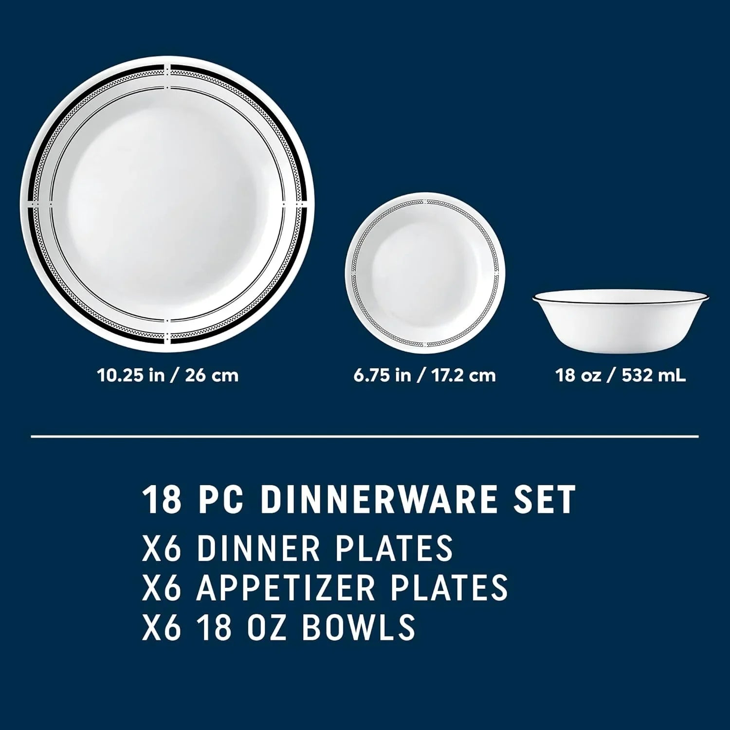 White 18-piece dinnerware set with black trim includes 6 dinner plates, 6 appetizer plates, and 6 bowls
