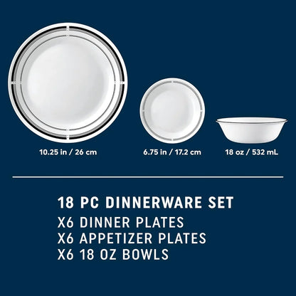 White 18-piece dinnerware set with black trim includes 6 dinner plates, 6 appetizer plates, and 6 bowls