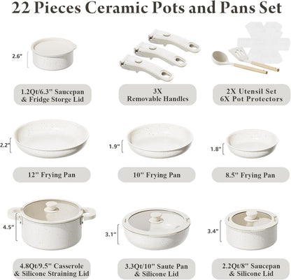 22-Piece Pots and Pans Set Non Stick with Removable Handles, Ceramic Cookware Set, Large-Capacity & Non Toxic, Induction & RV Compatible, Dishwasher Safe, PFAS/PTFE/PFOA Free, White2