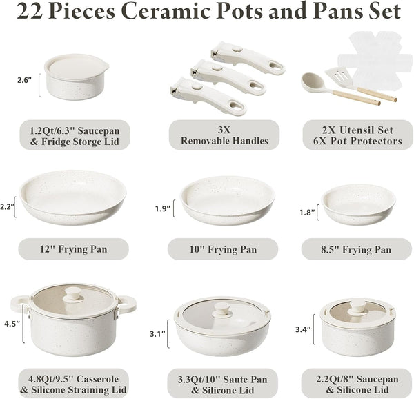 22-Piece Pots and Pans Set Non Stick with Removable Handles, Ceramic Cookware Set, Large-Capacity & Non Toxic, Induction & RV Compatible, Dishwasher Safe, PFAS/PTFE/PFOA Free, White2