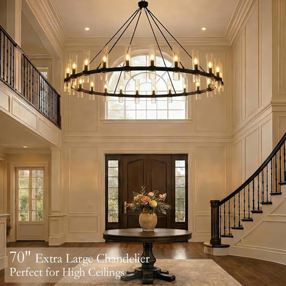 70" 24-Light Black Wagon Wheel Chandelier for High Ceilings Living Room8