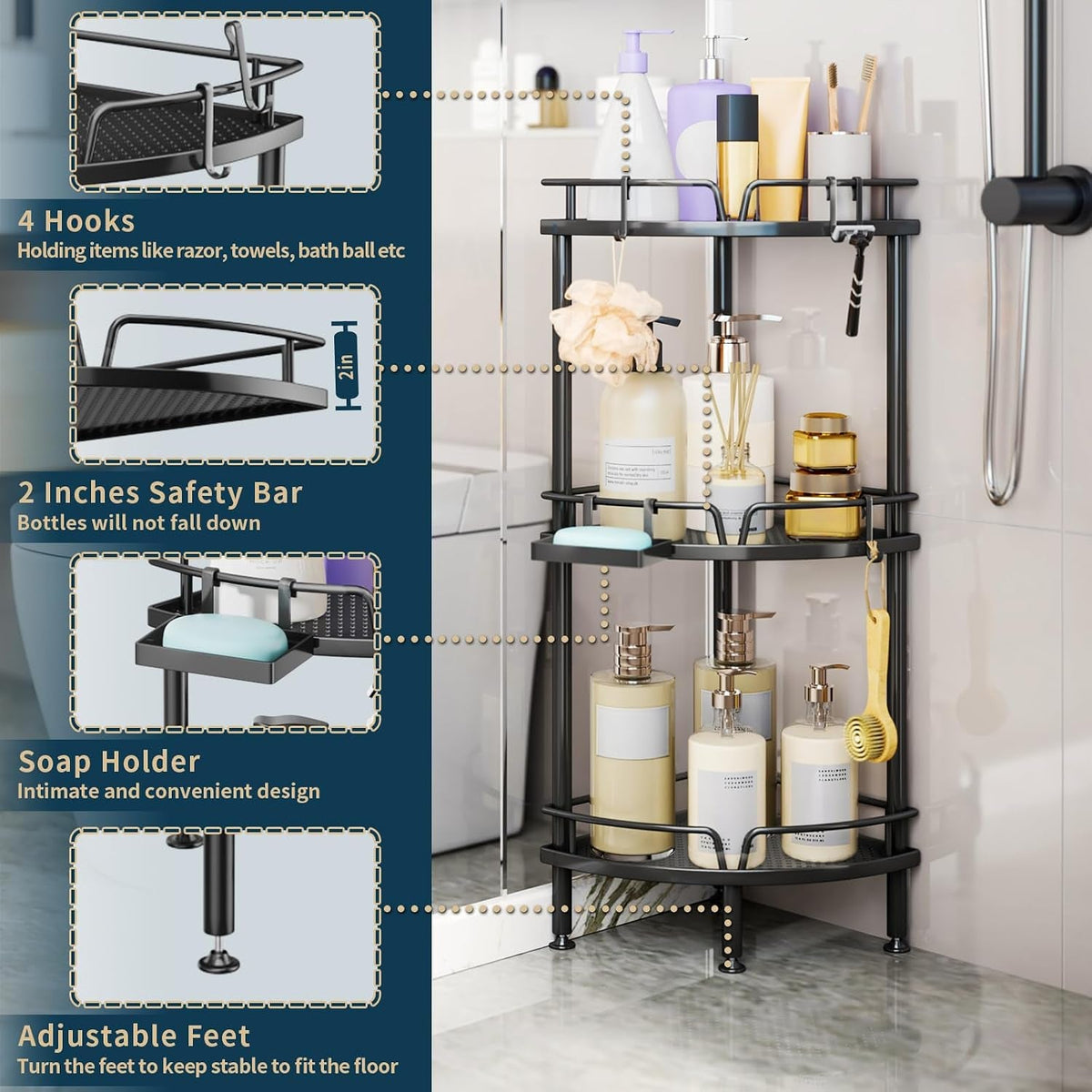 corner-shower-caddy-stand-3-tier-shower-organizer-with-soap-holder-tall-floor-corner-shelves-standing-with-adjustable-feet-4-hooks-storage-rack-for-bathroom-black