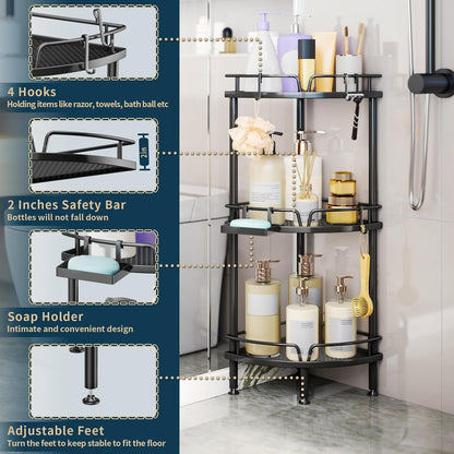 Corner Shower Caddy Stand - 3 Tier Shower Organizer with Soap Holder, Tall Floor Corner Shelves Standing with Adjustable Feet & 4 Hooks, Storage Rack for Bathroom Black4