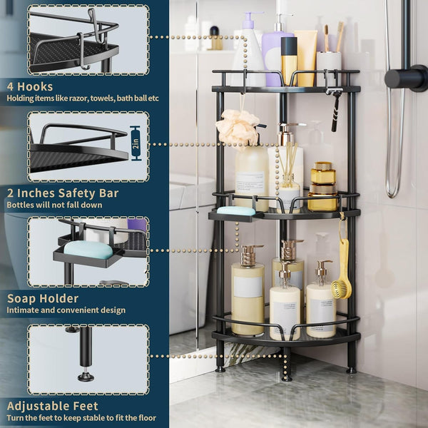 Corner Shower Caddy Stand - 3 Tier Shower Organizer with Soap Holder, Tall Floor Corner Shelves Standing with Adjustable Feet & 4 Hooks, Storage Rack for Bathroom Black4