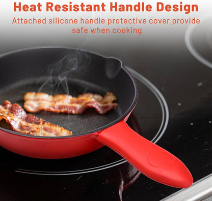 Enameled Cast Iron Skillet 10Inch with Pour Spouts for Searing Baking Grilling and Roasting,10" Frying Pan Cookware with Silicone Handel Cover,Durable Oven Safe Pan,Stove Campfire Use(Red)5