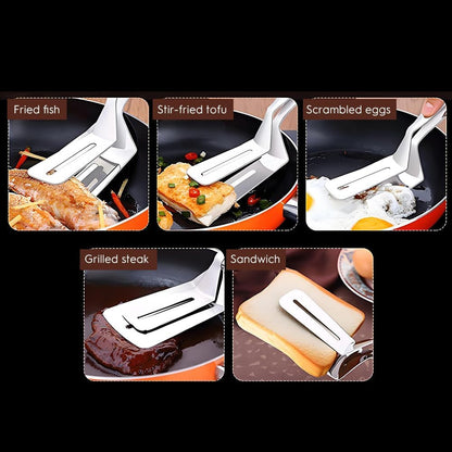 1PC Stainless Steel Cooking Tongs - Double Sided Spatula Ideal for Flipping in BBQ, Grilling and Home Cooking - Perfect for Beefsteak, Bread, Hamburger, Pizza, Pies and Fish5