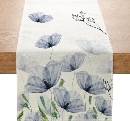 Poppy Floral Leaves Table Runner 13X72 Inch Seasonal Spring Summer Blue Flower Kitchen Dinning Table Decoration for Home Party Decor1