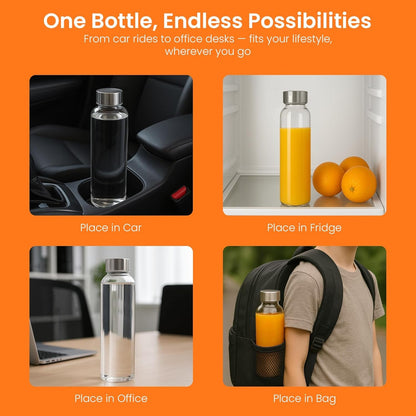 Clear Glass Bottles with Lids 18Oz Water Bottles, Steel Cap, 6-Pack | Reusable Travel-Friendly Juice Bottles Rust-Resistant Durable Glass Stainless Steel Air and Water Tight Lids 100% Leak Proof6