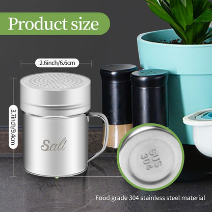 Stainless Steel Salt and Pepper Shakers Set, 10 OZ Seasoning Spice Shaker with Lid and Handle 127 Holes, Metal Dredge Shaker for Powder Sugar Cooking Kitchen Baking (2 Pieces)3