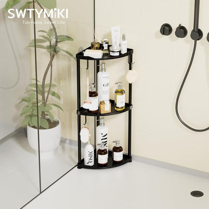 Corner Shower Caddy Standing - 3 Tier Stainless Steel Shower Organizer Stand, Large Capacity Floor Shelf with 4 Hooks, Rustproof Bathroom Storage Rack, Black2
