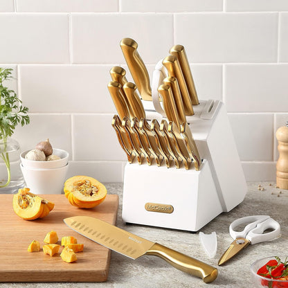 ® Kitchen Knife Sets, Golden Titanium Stainless Steel Knives Block Set with Built-In Sharpener, 20 Piece Knives, Restaurant Grade Sharp, Elegant Gold & Stylish Wooden Block for Modern Culinary | German Forged Stainless Steel,20 Pc,Razor Sharp,Anti-Rust, Ergonomic Handles,Full Tang,Elegant Gold, Gift Box6
