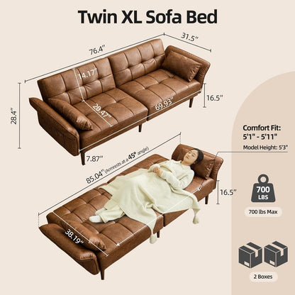 85" Futon Faux Leather Couch with Adjustable Armrests Brown2