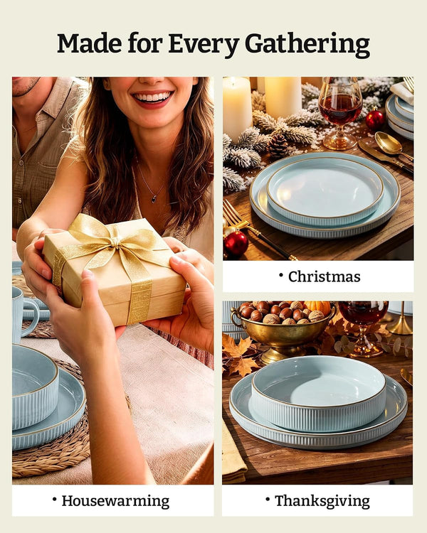 Plates and Bowls Set with Rim, Stoneware Dinnerware Sets for 47