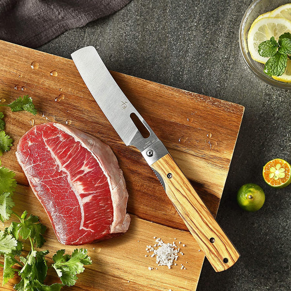 440A Stainless Steel Ultra Sharp Pocket Folding Chef Knife Peeling Utility Knife Fruit Knife Natural Olive Handle Camping BBQ Trip Outdoor Portable Kitchen Knife4