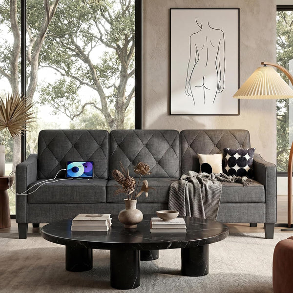 83" Mid Century Modern 3 Seater Couch, Dark Grey Sofa, Tufted (Dark Grey)3