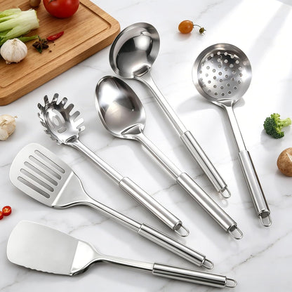 Stainless Steel Kitchen Utensils Set, 6 PCS Metal Cooking Utensils Set, Heat Resistant Cooking Spatula Spoon Set with Turners, Serving Spoon, Ladle, Skimmer, Pasta Server4