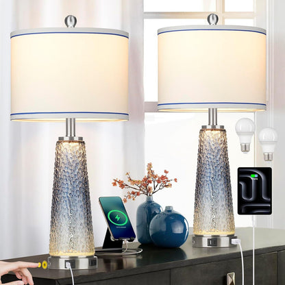 Coastal Glass Table Lamps for Living Room, 26" Table Lamps with USB A+C Ports & AC Outlet, Touch Control Bedside Nightstand Lamp with Crystal Night Light for End Table Office Desk Blue(Bulbs Included)1