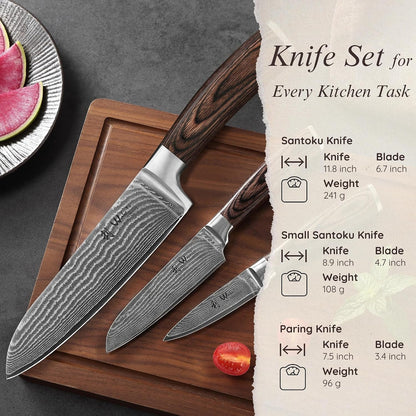 EDIB 3-Piece Damascus Kitchen Knife Set in Wooden Gift Box6