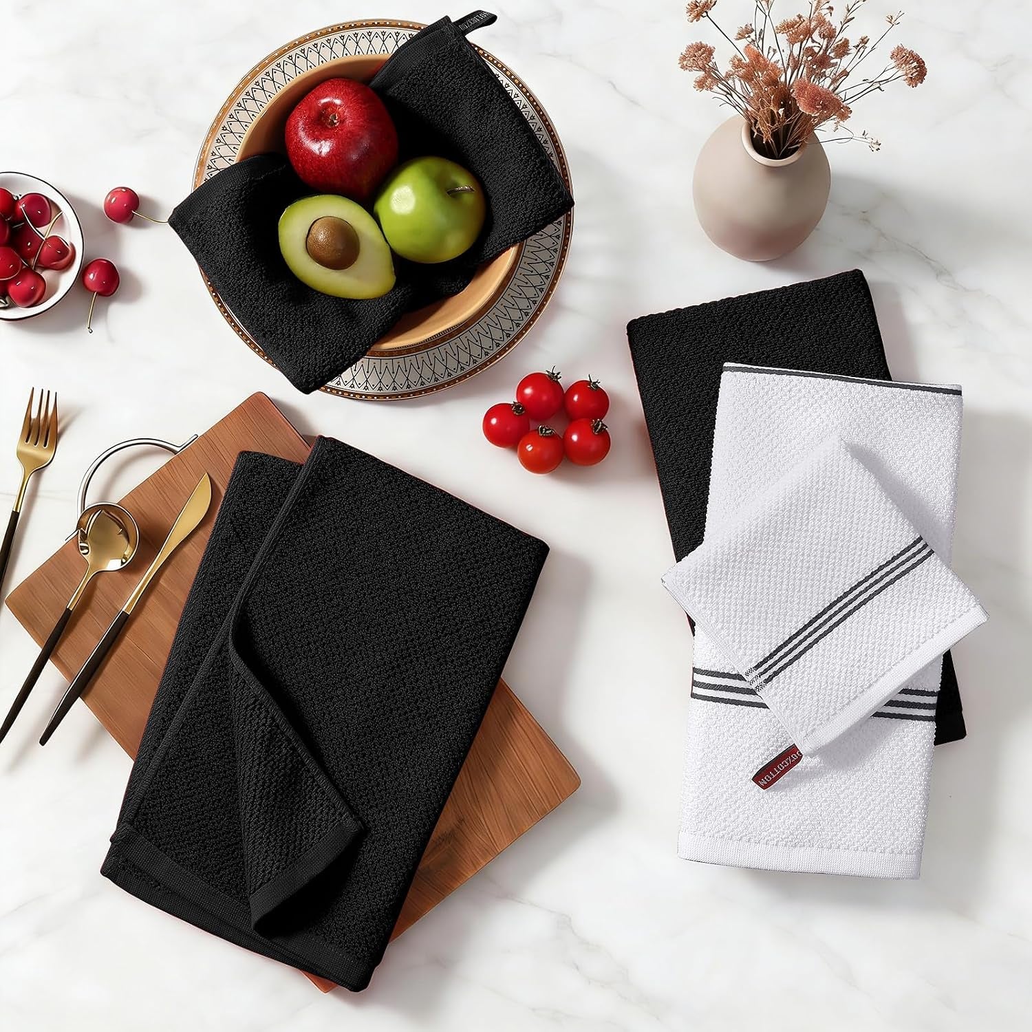 dual-design-kitchen-towels-and-dishcloths-set-8-pack-black