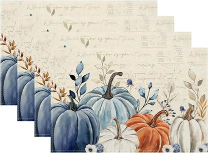 Fall Placemats Set of 4 Blue Orange Pumpkin Leaves Decor Place Mats 12X18 Inch Autumn Leaf Harvest Thanksgiving Decorative Linen Table Mats for Home Kitchen Dining Party Table Decoration1