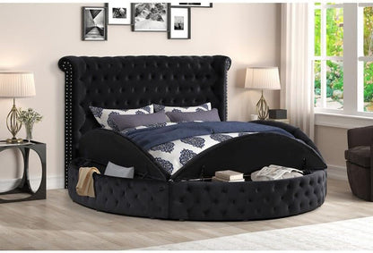 Velvet Tufted Platform Storage Bed, Circle Bed with Button Tufting, Storage Compartments in Rails and Footboard (Black, Eastern King)3