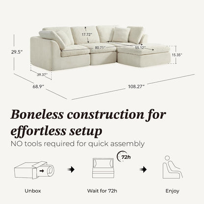 CHITA 108" Cloud Sectional Couches for Living Room, Boneless L-Shape Sofa with Ottoman, 3 Seater Modular Sectional Sofa, Cream2