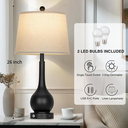 26" Black Table Lamps Set of 2, Touch Control Lamps for Living Room, 3-Way Dimmable Bedroom Bedside Lamps for Nightstands with USB A+C Port (2 LED Bulbs Included)2
