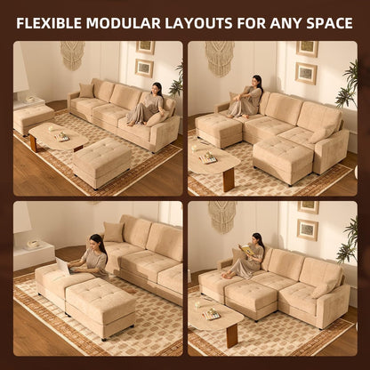 112" U Shaped Modular Cloud Sectional Couch, Waffle Fabric, Oatmeal Beige9