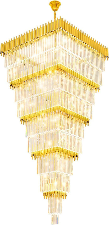 W40 X H120 Large Gold Chandeliers for High Ceiling, 39-Light Square Tiered K9 Crystal Raindrop Chandelier, Adjustable Height Luxury Pendant Light for Staircase, Villa Foyer, Entryway8