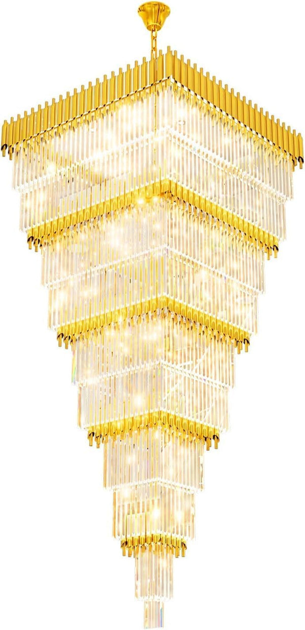 W40 X H120 Large Gold Chandeliers for High Ceiling, 39-Light Square Tiered K9 Crystal Raindrop Chandelier, Adjustable Height Luxury Pendant Light for Staircase, Villa Foyer, Entryway8