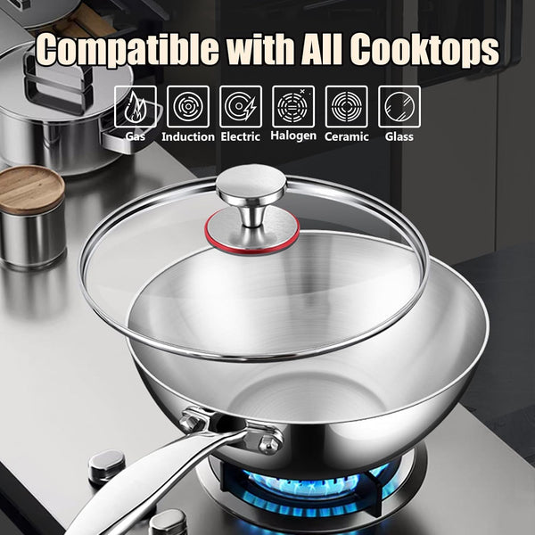 5 Ply Clad Stainless Steel Wok Pan with Lid/Steamer, No Coating Non-Stick Flat Bottom Wok, Even Heating Frying Pans, Compatible with All Cooktops,No Lid,9.45In5