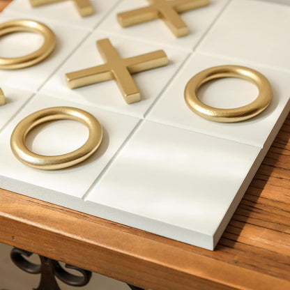 12X12 Inch Tic Tac Toe Wood Game Board Classic Coffee Table Decor Modern Wooden Travel Game for Family, White & Gold5