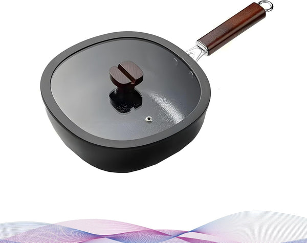 Square Nonstick Iron Wok with Glass Lid, 2QT Coating-Free Stir-Fry Pot, Induction Ready, Japanese Wooden Handle Saucepan (Black, 2Qt/9.5In Iron Pan)1
