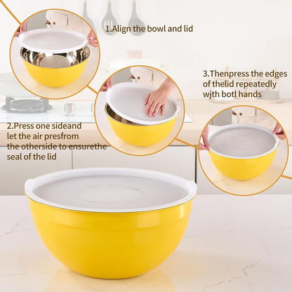 Yellow Mixing Bowls with Airtight Lids, Stainless Steel Nesting Mixing Bowls Set of 7, Ideal for Baking, Prepping and Serving Food, Size 7, 3.6, 2.7, 2.1, 1.5, 1.1,0.8 QT, Stackable Design3