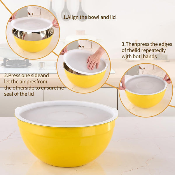 Yellow Mixing Bowls with Airtight Lids, Stainless Steel Nesting Mixing Bowls Set of 7, Ideal for Baking, Prepping and Serving Food, Size 7, 3.6, 2.7, 2.1, 1.5, 1.1,0.8 QT, Stackable Design3