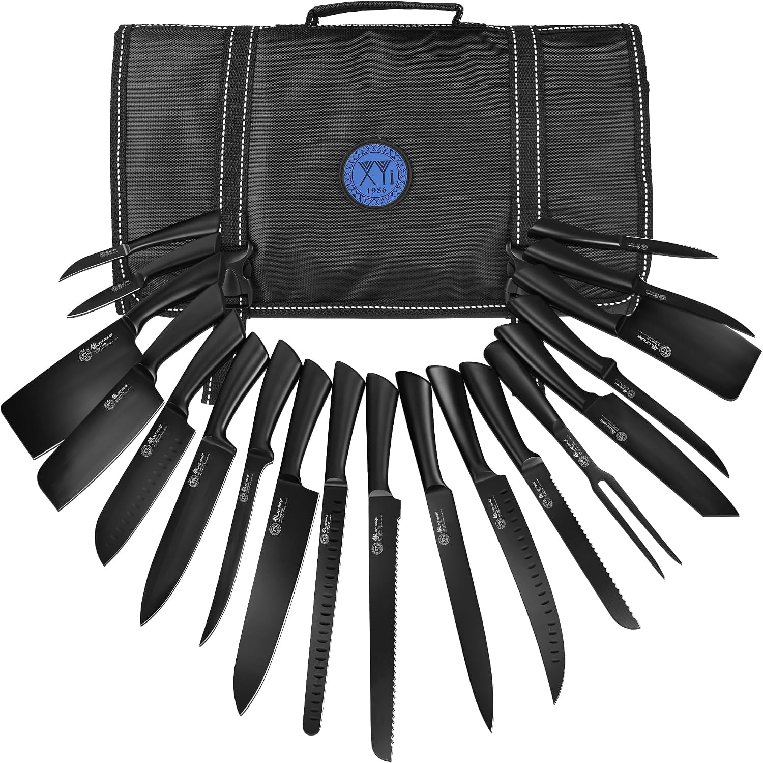 19-piece-black-kitchen-knife-set-oxide-blackened-stainless-steel-blades-hollow-metal-horseshoe-handles-professional-chef-knives-with-gift-box-included-acacia-wood-cutting-board-20-slot-oxford-cloth-knife-roll-bag-lightweight-and-well-balanced-non-slip-grip