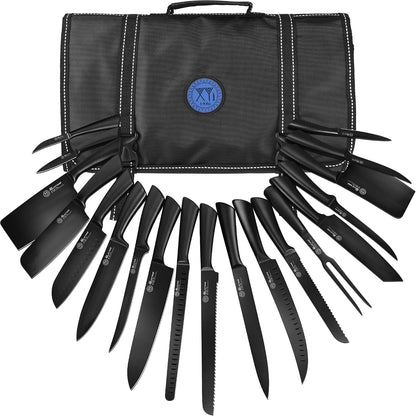 19-Piece Black Kitchen Knife Set, Oxide Blackened Stainless Steel Blades, Hollow Metal Horseshoe Handles, Professional Chef Knives with Gift Box | Included Acacia Wood Cutting Board, 20-Slot Oxford Cloth Knife Roll Bag, Lightweight and Well-Balanced, Non-Slip Grip1