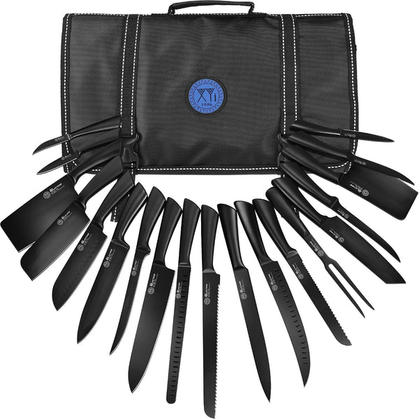 19-Piece Black Kitchen Knife Set, Oxide Blackened Stainless Steel Blades, Hollow Metal Horseshoe Handles, Professional Chef Knives with Gift Box | Included Acacia Wood Cutting Board, 20-Slot Oxford Cloth Knife Roll Bag, Lightweight and Well-Balanced, Non-Slip Grip1