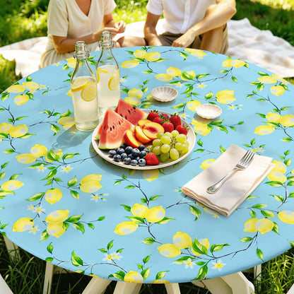 round Table Cloth, Waterproof Fitted Table Cover for 45"-56" Tables | Flannel Backed Vinyl Tablecloth, Wipeable & Windproof Plastic Tablecloth for Camping, Indoor & Outdoor (Blue & Yellow)2
