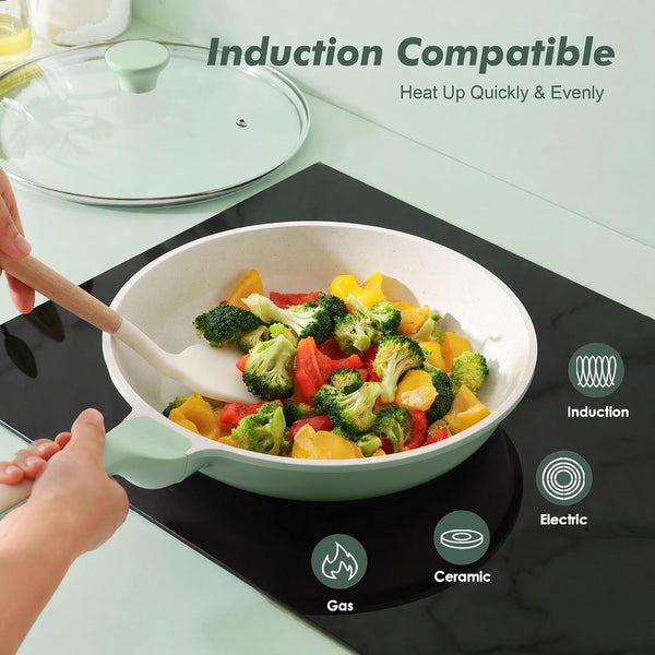 Nonstick Ceramic Frying Pan Skillet, 8 Inch Non Toxic Omelet Pan | Healthy Chef Pan, Induction Egg Pan with Heat Resistant Handle, Dishwasher Safe, Pfas-Free, Green3