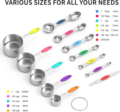 Measuring Cups and Magnetic Measuring Spoons Set, Stainless Steel Measuring Cups, 6 Double-Sided Stainless Steel Measuring Spoons & 1 Leveler (12)2