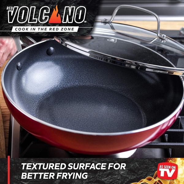 Textured Ceramic Nonstick, 11" Flat Bottom Wok Stir-Fry Pan with Lid for High Heat Cooking, Oven & Broiler Safe to 600 Degrees, Dishwasher Safe, PFAS PFOA & PTFE Free, Red4