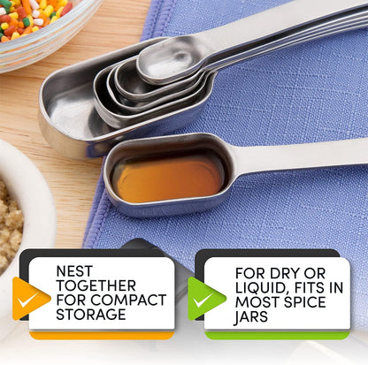 Nesting Stainless Steel Measuring Spoons Set of 7 with Leveler | Rectangular Metal Teaspoon & Tablespoon Measuring Spoons for Dry & Liquid Ingredients, Fits in Spice Jars, Long Handle5