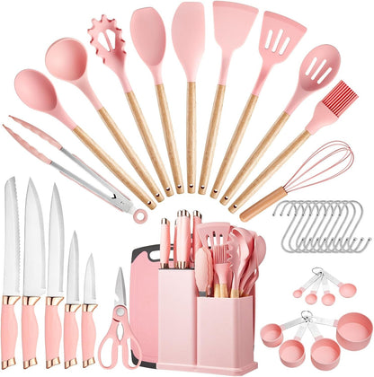 Kitchen Utensils Set,37 Piece Cooking Utensils and Knife Set,Pink7