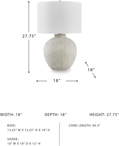 Signature Design by Ashley Living Room Table Lamp, 3-Way, Vintage Gray | Textured Warm Gray Polyresin Base with 3-Way Lighting and Cotton Blend Drum Shade, Vintage Farmhouse Style, Calbert Series7